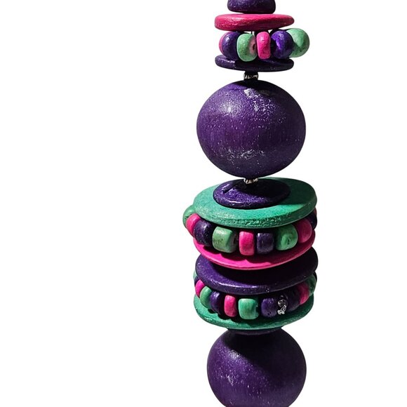 Handcrafted Wooden Beaded Necklace Purple Pink Colorful Accents Fashion Jewelry - Picture 2 of 5